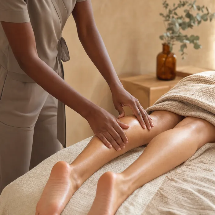 Manual lymphatic drainage treatment on the legs in a warm wellness room in Annecy