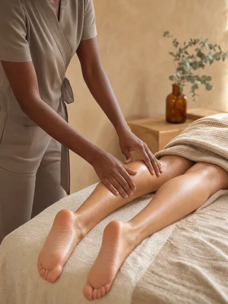 Manual lymphatic drainage treatment on the legs in a warm wellness room in Annecy