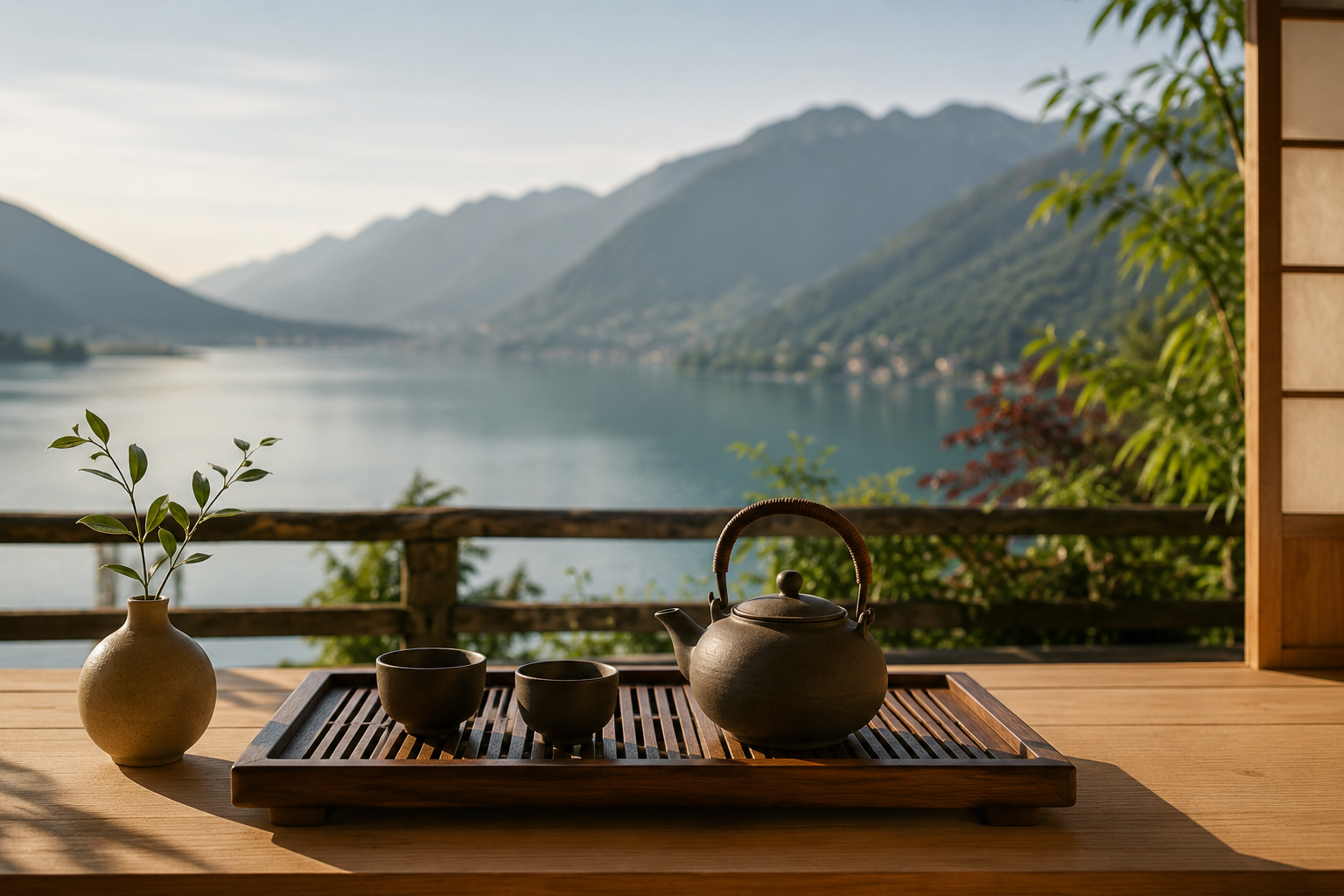 Théière asiatique et petites tasses sur une terrasse avec vue sur le lac et les montagnes à Annecy
